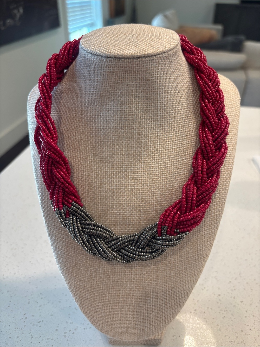 "Brazilian Brilliance" Red & Silver Seed Bead Braided Statement Necklace